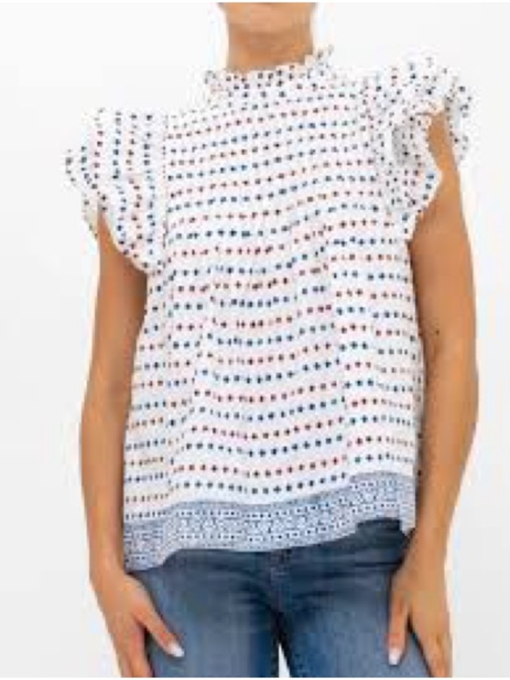 Oliphant Pintuck Ruffle Top Blouse Shirt Navy Blue Red White